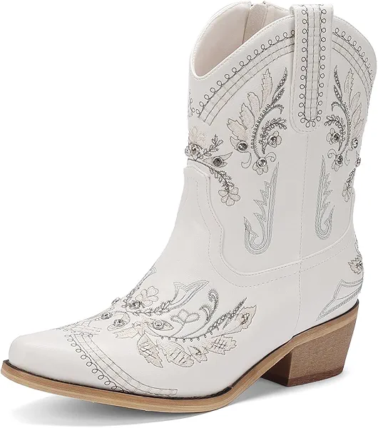 Krypthixor Rhinestone Ankle Cowboy Boots for Women Embroidered Short Cowgirl Boots With Low Heel Side Zipper Comfortable Chunky Heels Western Booties For Prom Party Wedding Pull On Shoes