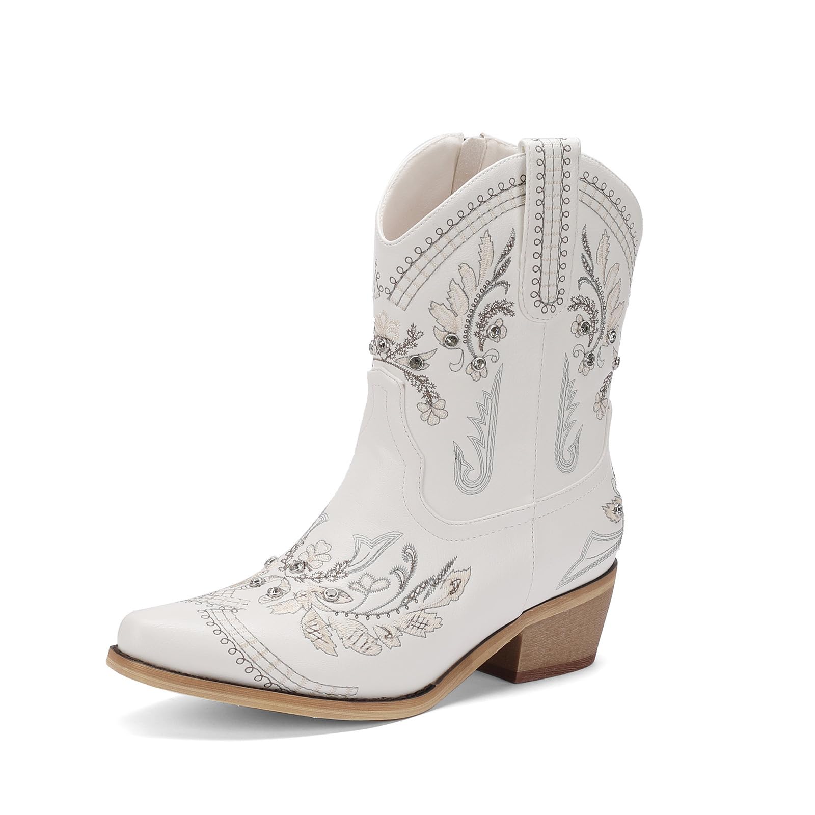 Krypthixor Rhinestone Ankle Cowboy Boots for Women Embroidered Short Cowgirl Boots with Low Heel Side Zipper Comfortable Chunky Heel Western Booties