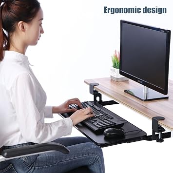 Swivel Keyboard Tray Under Desk with C Clamp,Adjustable Slide Out Computer Keyboard Stand, Ergonomic Keyboard Shelf for Home or Office, No Screw into Desk(52x25cm(20.5x9.8), Black)