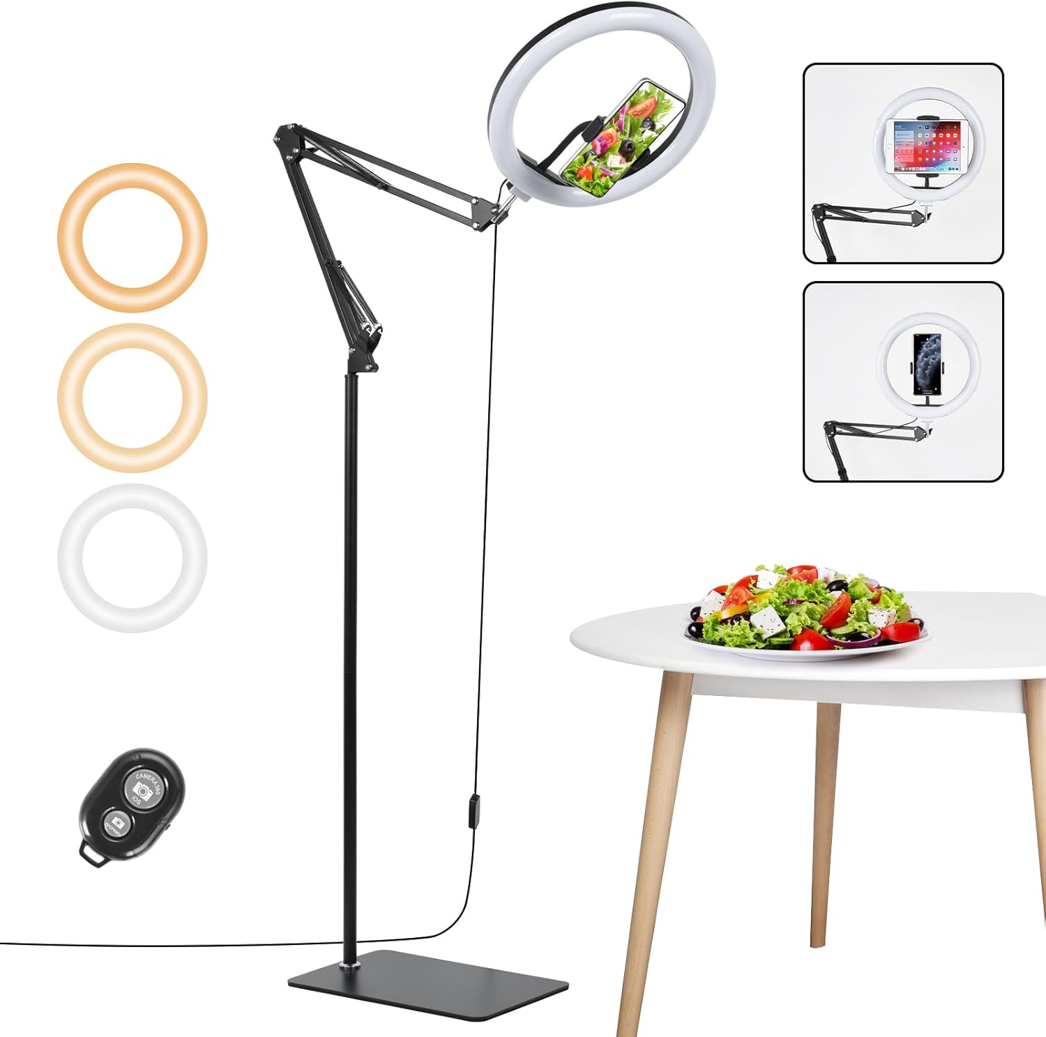 UTEBIT 12″ Overhead Ring Light with 73″ Height Tablet Floor Stand, LED Circle Lights with Phone Holder for Live Stream/Video Recording/Makeup/YouTube/TikTok