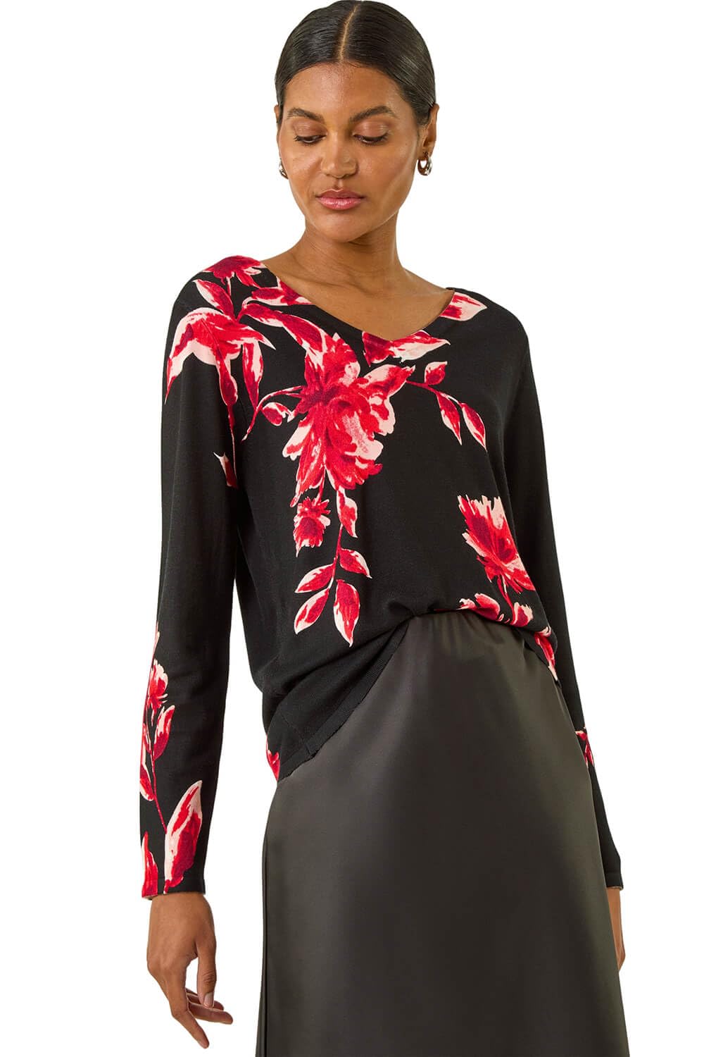Roman  Black Floral Print V-Neck Knit Jumper Size 14