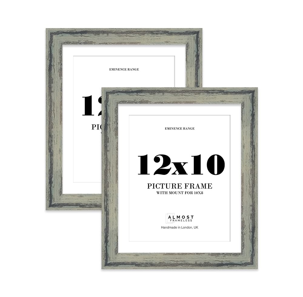 12x10" Distressed Green Picture Frame with 10x8" Mount - Barnwood Photo Frame with Distressed Finish, Wall Hooks and Kickstand, 32mm Edge - 2 Pack