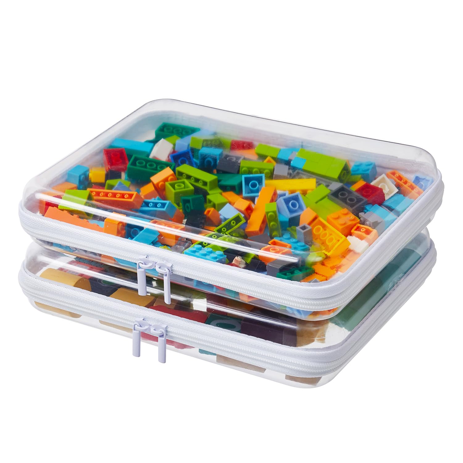 MACOPRO 2PCS Large Clear Zipper Bags with Hard Shell - Makeup Organizer & Toy Storage Container for Building Blocks, Pencils, Toiletries, Travel