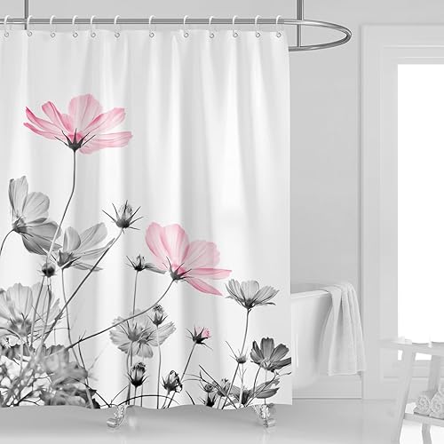 Miniatura 1 de Kikiry Cortina de ducha extralarga, 72 pulgadas de ancho x 84 pulgadas de largo, color rosa, gris, blanco, gris, flores silvestres, margaritas,