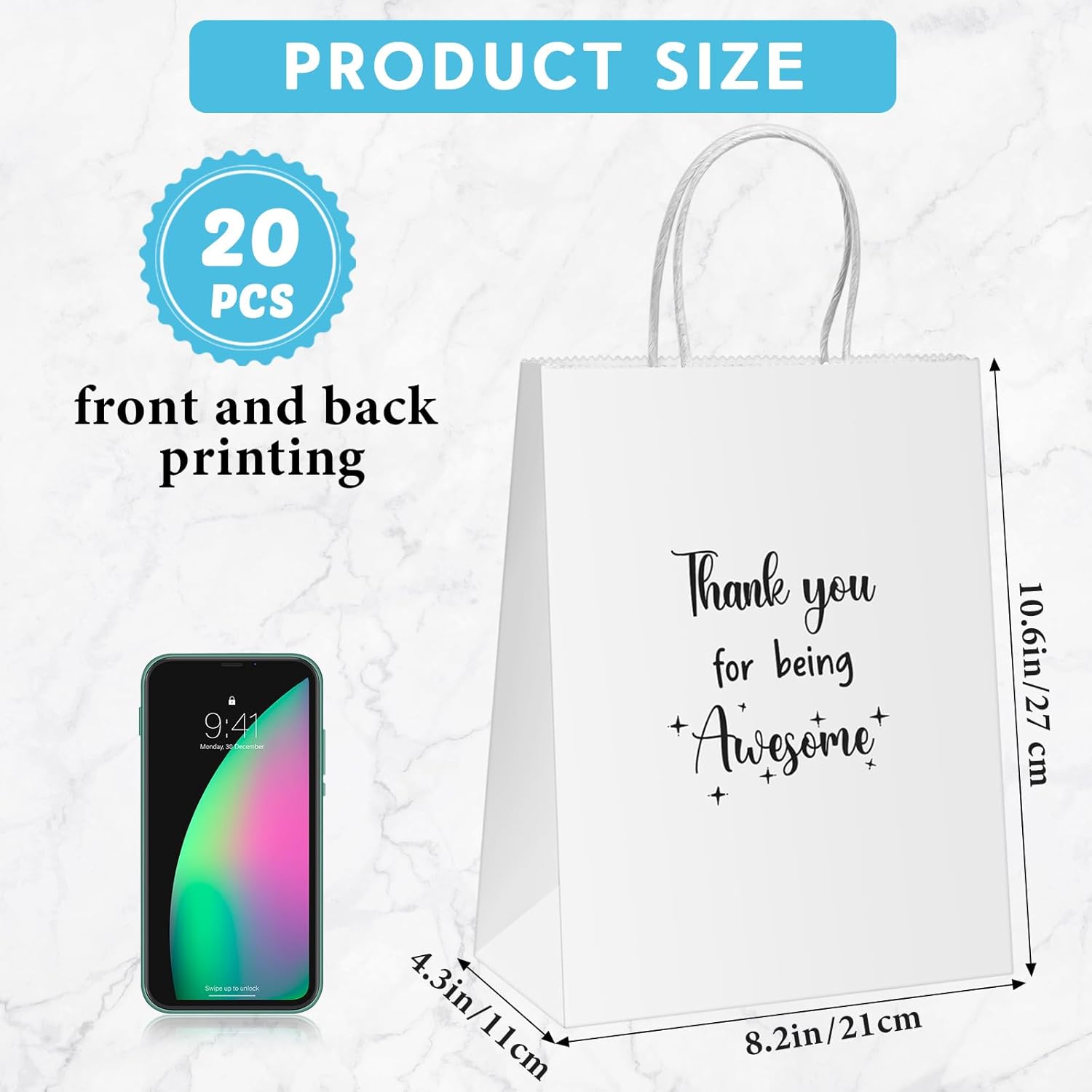 Ctosree 20 Pcs Thank You Gift Paper Bags for Employee Coworker Colleague Thank You for Being Awesome Bags with Handles for Colleague Employee(8.3 x 4.3 x 10.6 Inch,White) - Image 2