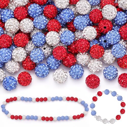 150pcs 10mm Rhinestone Beads for Jewelry Making, Red+White+Light Blue Shiny Round Shamballa Disco Beads, Sparkle Crystal Clay Christmas for Bracelet Baseball Necklace Earring Crafting and DIY