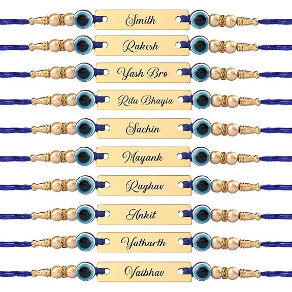 Personalized Blue Evil Eye Rakhi with Name & Roli Chawal | Customized Metal Bracelet Rakhi for Brother-image-11