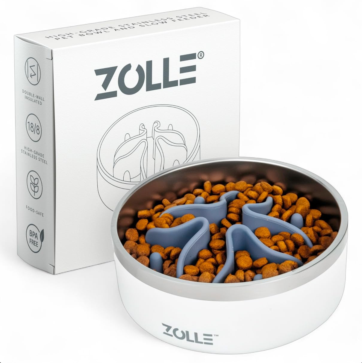 ZOLLE® 32Oz Stainless Steel Slow Feeder Dog Bowl | Heavy-duty Non-slip, Insulated Design Dog Slow Feeder Bowl | Promotes Slow Eating, Healthy Digestion & Prevents Bloat | Dog Food Bowl
