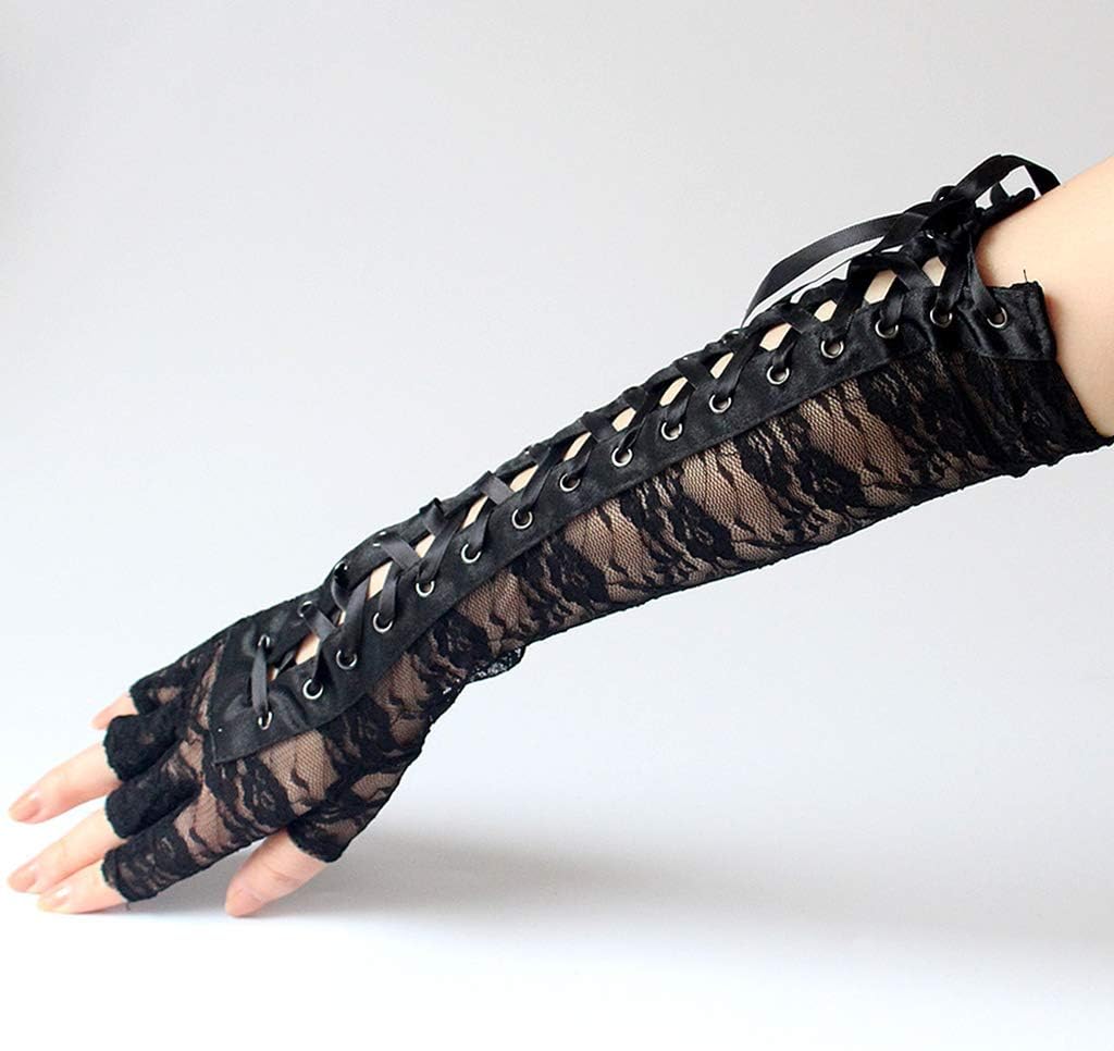 DreamHigh Womens Sexy Elbow Length Punk Fingerless Lace Up Arm Warmer Lace Gloves, Black, One Size
