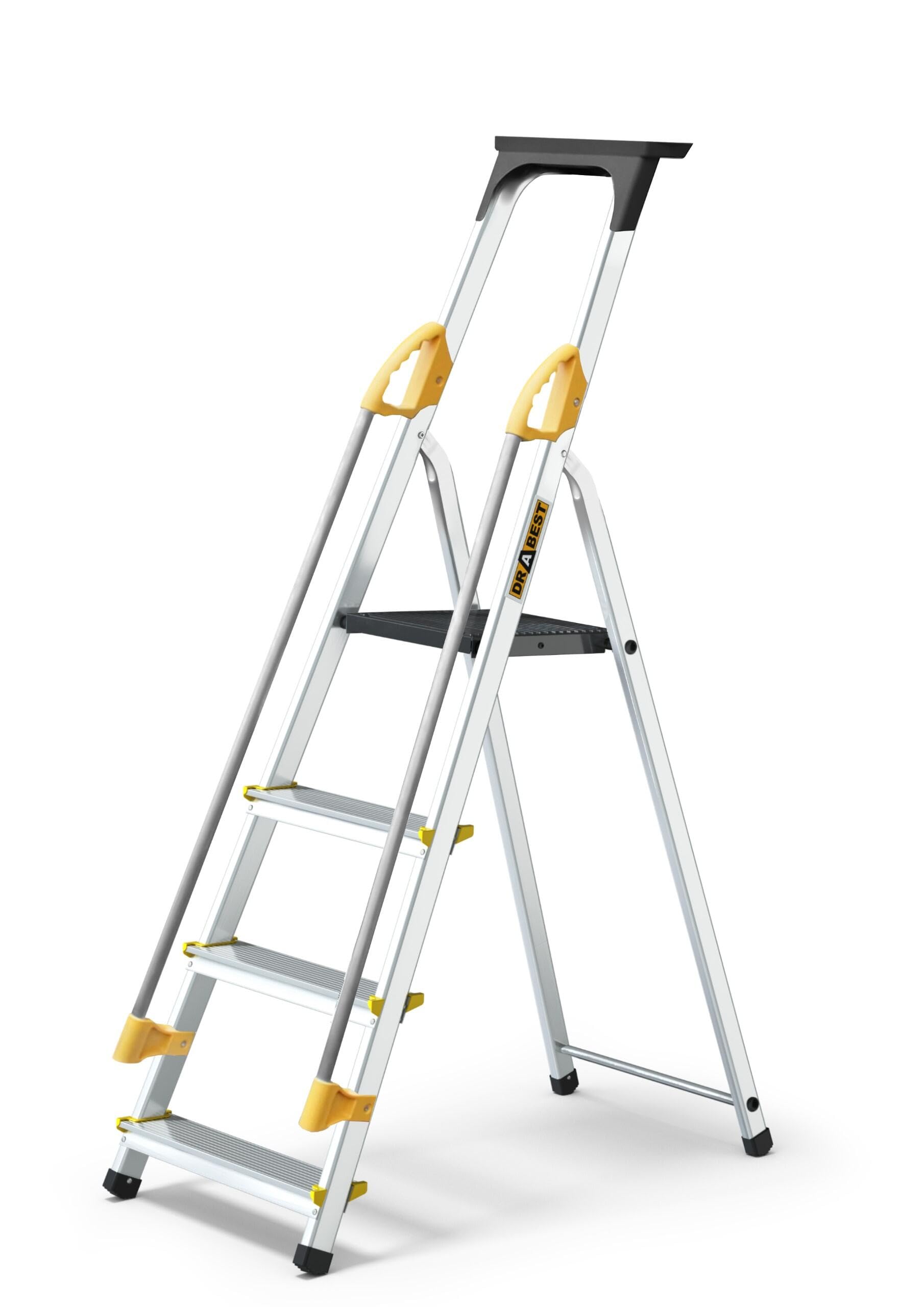 DRABEST Escalera serie PRO escalón plegable de aluminio 4 peldaños Escalera plegable con pasamanos de seguridad con capacidad de carga de hasta 150 kg