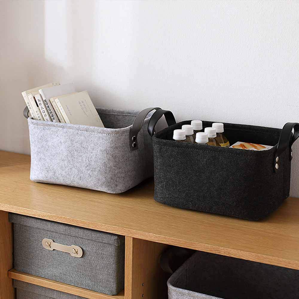 Viltmand, 2-delig, opbergmand van vilt, vilten mand met handgreep, voor kleding, handdoeken, toiletartikelen, boeken enz. (zwart en grijs