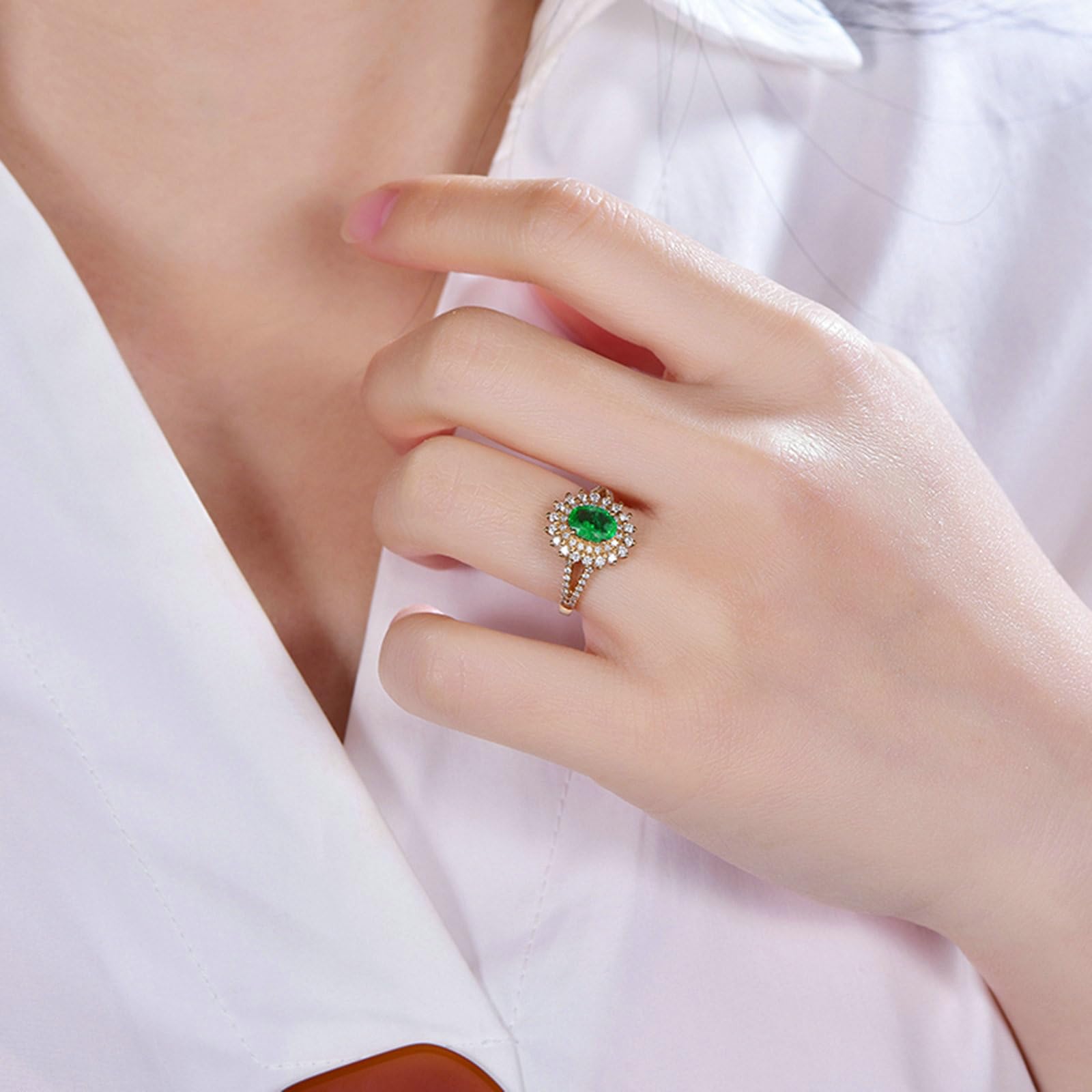Anillo de boda para mujer, oro de 18 quilates, 14 quilates, 9 quilates, talla H 1/2-V 1/2, anillos de compromiso con girasol con esmeralda de 0,7 quilates y moissanita de 0,5 quilates