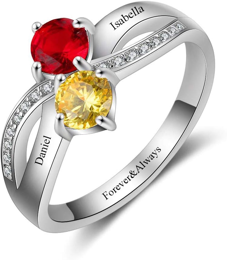 Personalized Women Promise Ring Engraved 2 Names with 2 Simulated Birthstone Engagement Rings for Her (Silver, 8)