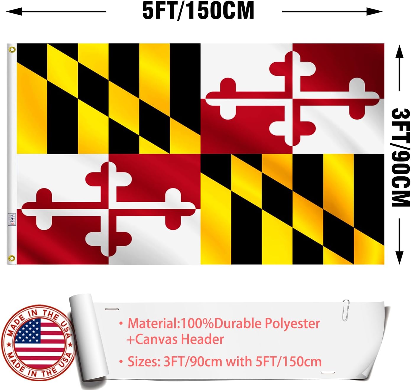 Maryland States Flag 3x5 Outdoor Made in USA - Double Sided Heavy Duty Vivid Color Maryland MD Flags with 2 Brass Grommet