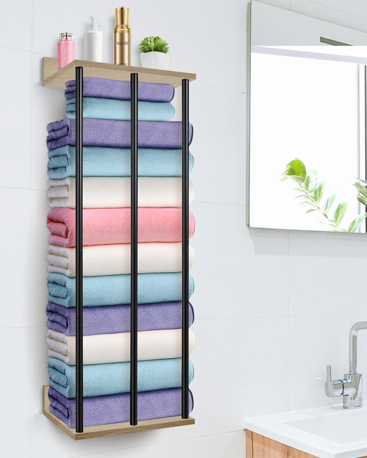 WeGXY Towel Racks for Bathroom Wall Mounted Wall Towel Rack for Rolled Towels,Metal Towel Holder with Wooden Shelf,Towel Storage Organizer for Small Bathroom