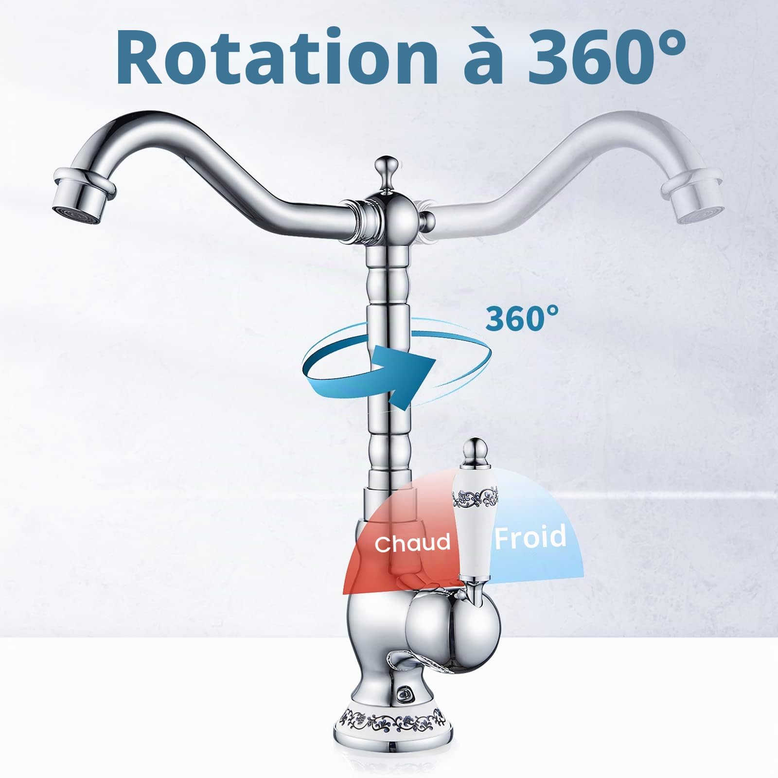 Robinet de Lavabo Rétro, Robinet Salle de Bain en Laiton Chromé, Haut Robinet Mitigeur Lavabo pour Lavabo ou Vasque de Salle Bain, Eau Chaude et Froide Disponible