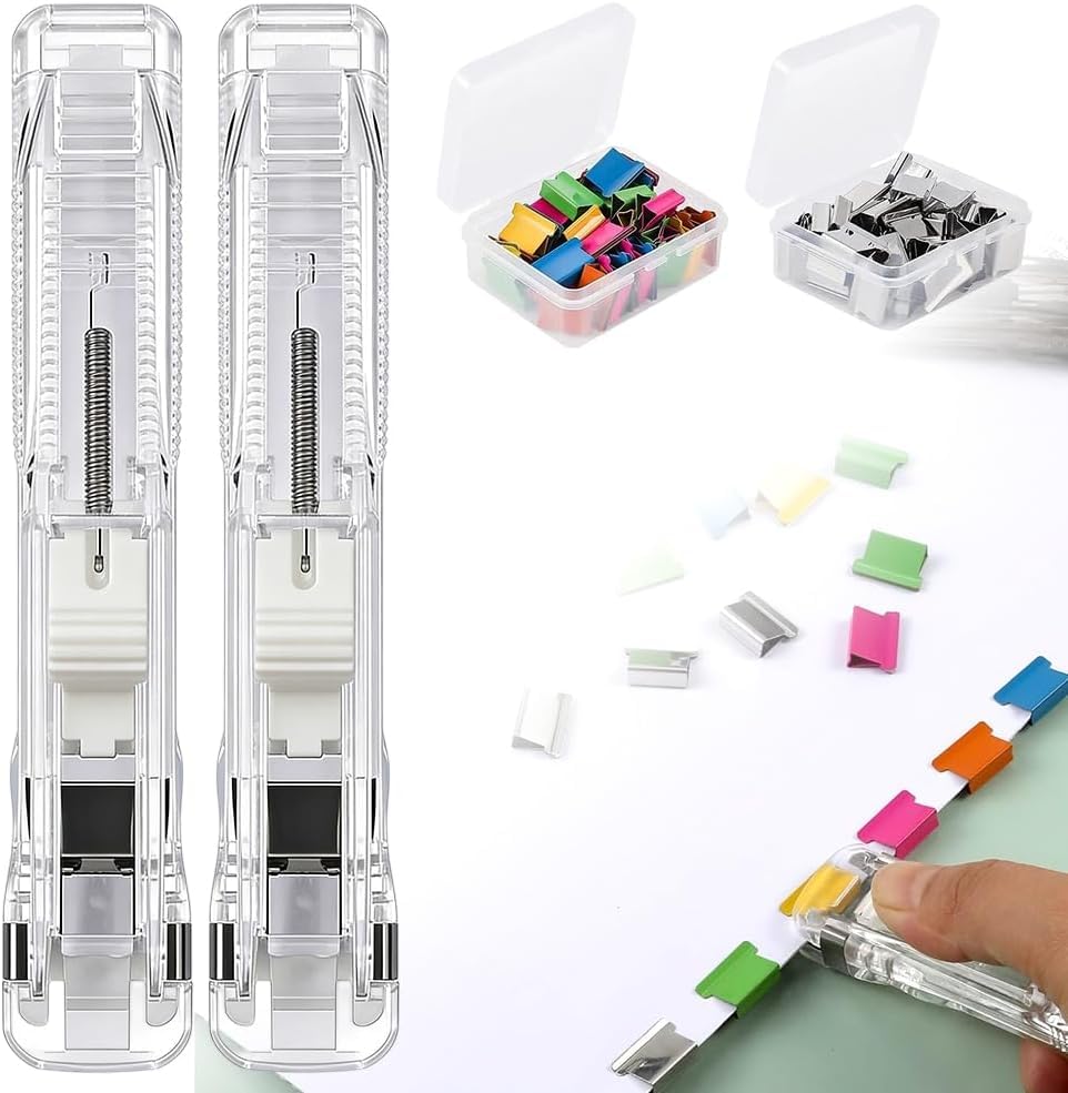 2026 Neue 2 Stück Reusable Creative Stapler,Klammerloses Heftgerät,mit 100 Stück Wiederverwendbare Heftklammern,Hefter,Push Clamp Stapler Holder,Reusable Creative Mini Push Hefter Set (C)