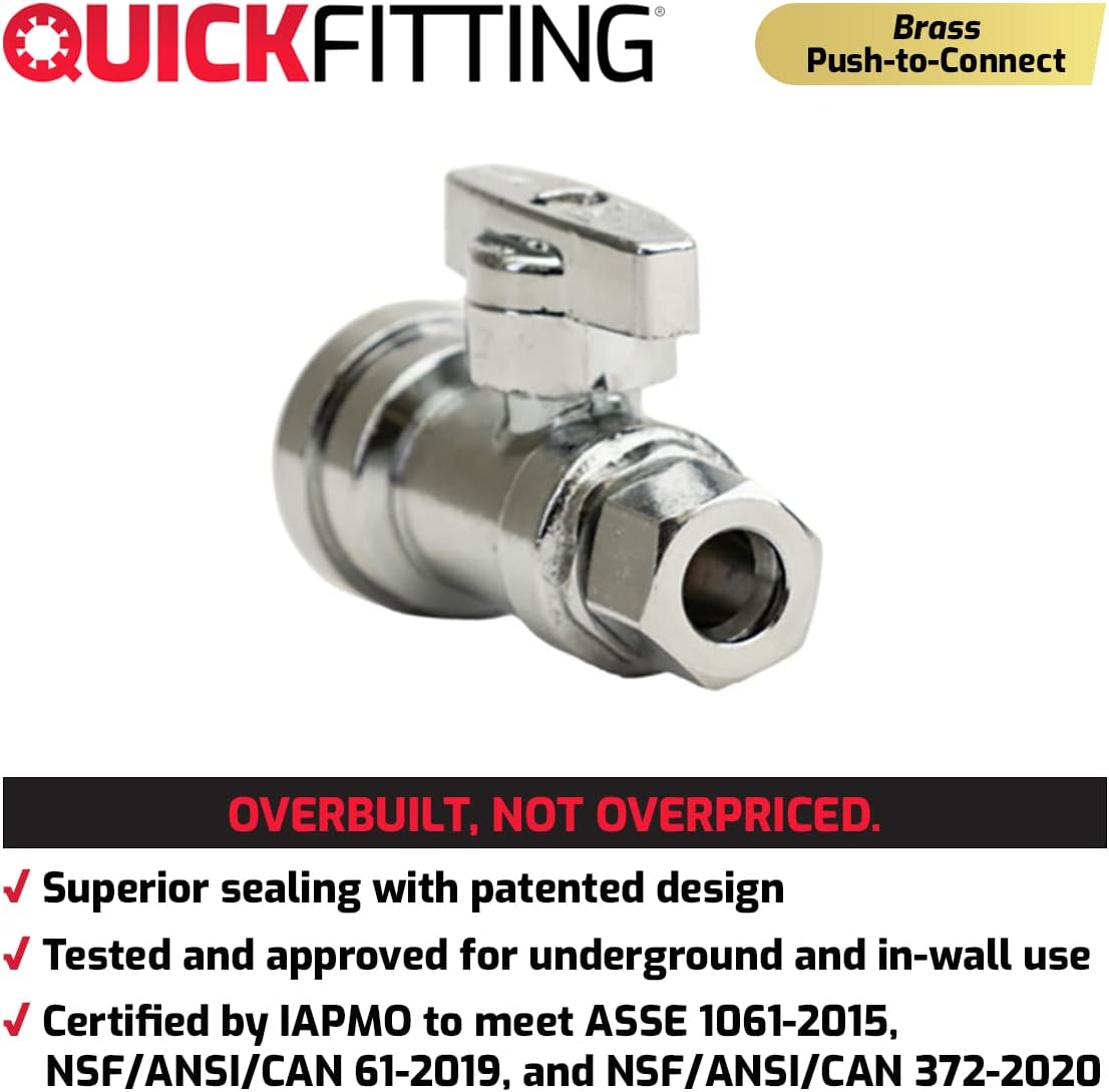 QuickFitting 1/2 Inch Push to Connect x 3/8 Inch OD Straight Stop Valve, Brass Plumbing Fitting with Slip Clip Disconnect Tool, for Copper, PEX and CPVC, Chrome Plated, 5 Pack