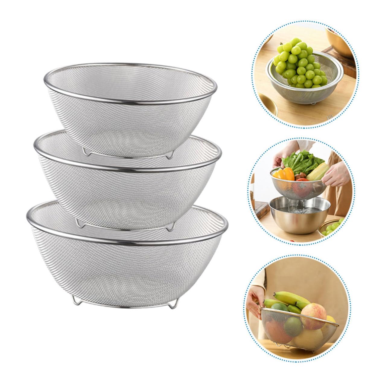 1juego Coladores De Inoxidable Malla Fina Para Verduras y Arroz Escurridor De Cocina Resistente y Práctico Para Uso Diario