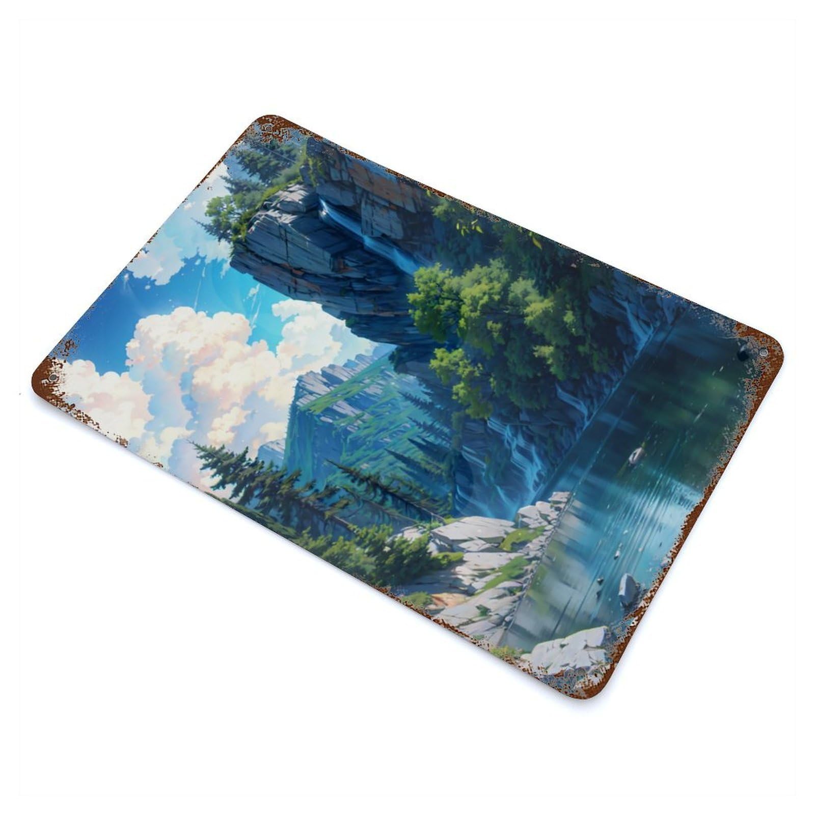River Mountain Nature 11.8"x7.9" Aged Metal Wall Plaque, Novelty Wall Decor for Garage, Bar And Workshop Decor