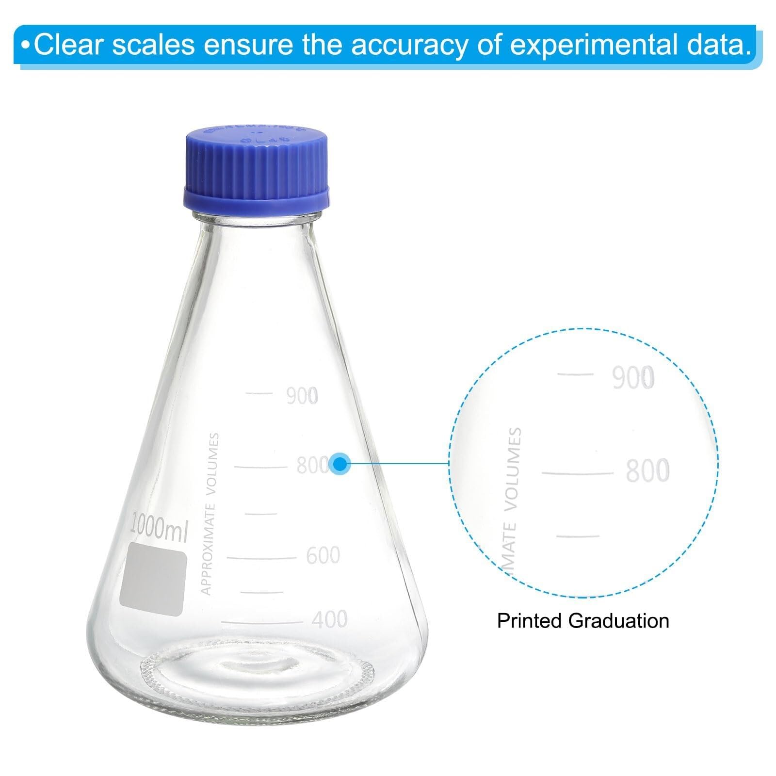 Matraz Erlenmeyer, 1000ml - Vidrio Borosilicato, Graduado, Boca Estrecha con Tapón Roscado para Laboratorio(CC,1000ml/33.8oz)