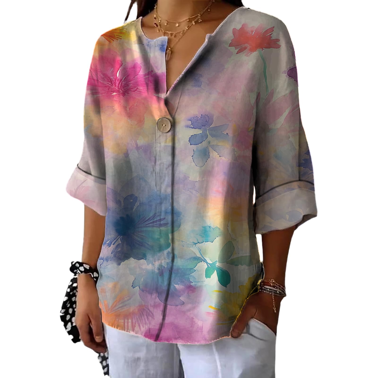 Women Blouses Boho Floral Trendy Slim Fit Tunic Tops Summer Long Sleeve Button Shirts Classic V Neck Business Outfits