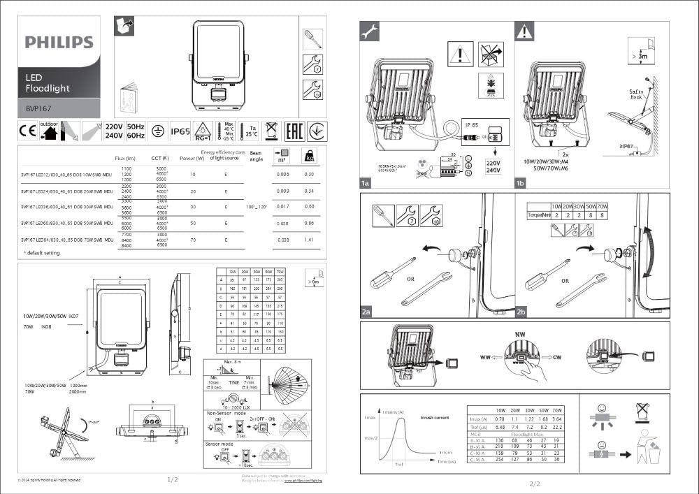 Philips PROIETTORE BVP167 LED60/830/840/865DOB 50W SWB SENSORE 6000LM 73618499