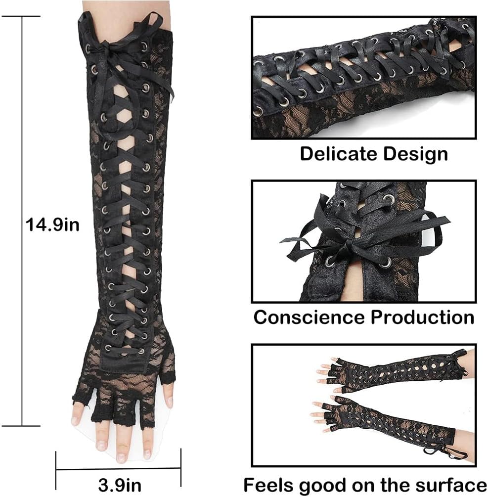 Women's Long Lace Gloves Lace Up Fingerless Arm Sleeves Halloween Costume