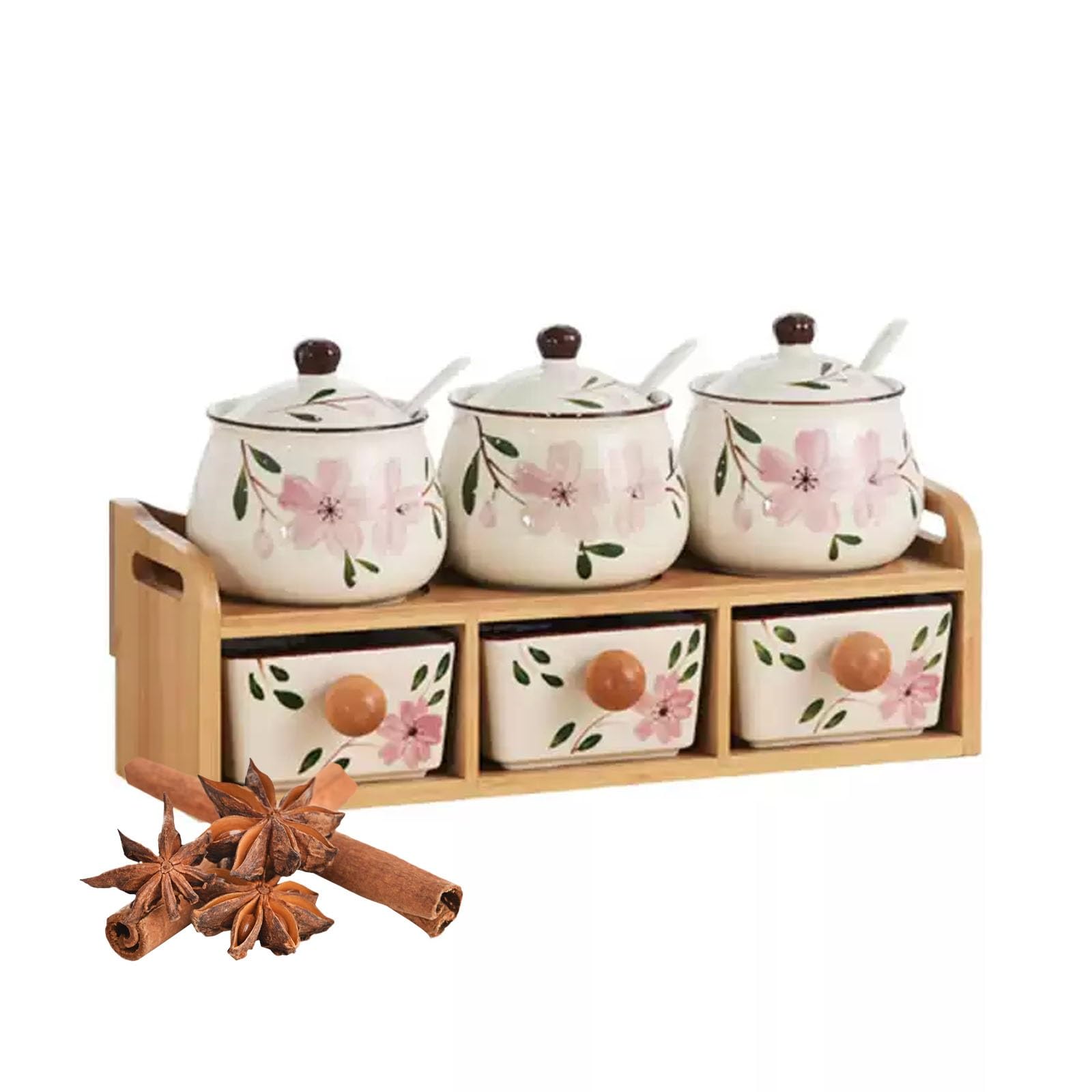 Set de 3 pots à épices en céramique, sucrier à motif floral