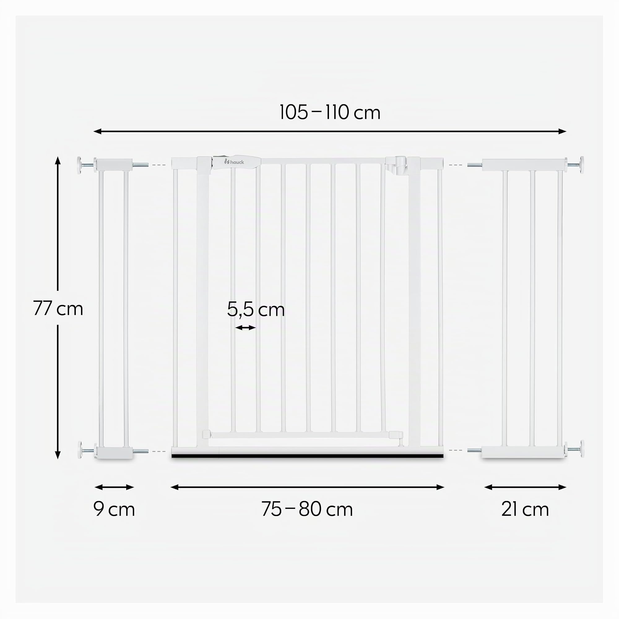 hauck Open N Stop 2 + 1x9 cm +1x21cm Verlängerung, Weiß - Kinderschutzgitter Hundegitter, Verstellbare Breite 105-110 cm, 77 cm Hoch, Einhand Öffnung, ohne Bohren, für Innen