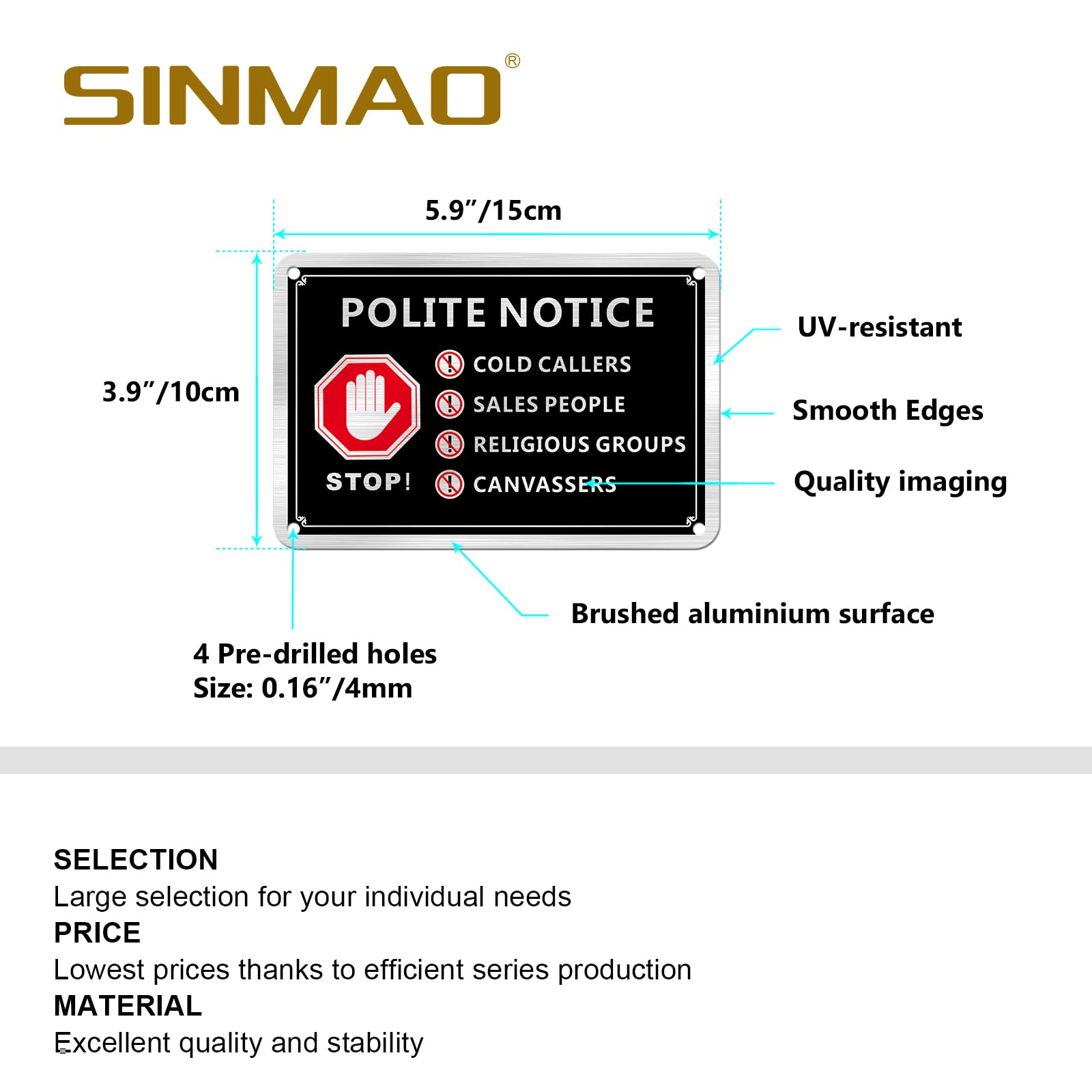 SINMAO No Cold Callers Sign for Front Door Polite Notice Sticker Metal 15x10cm Brushed Aluminium with Pre-drilled Holes Pack of 2 - Image 3