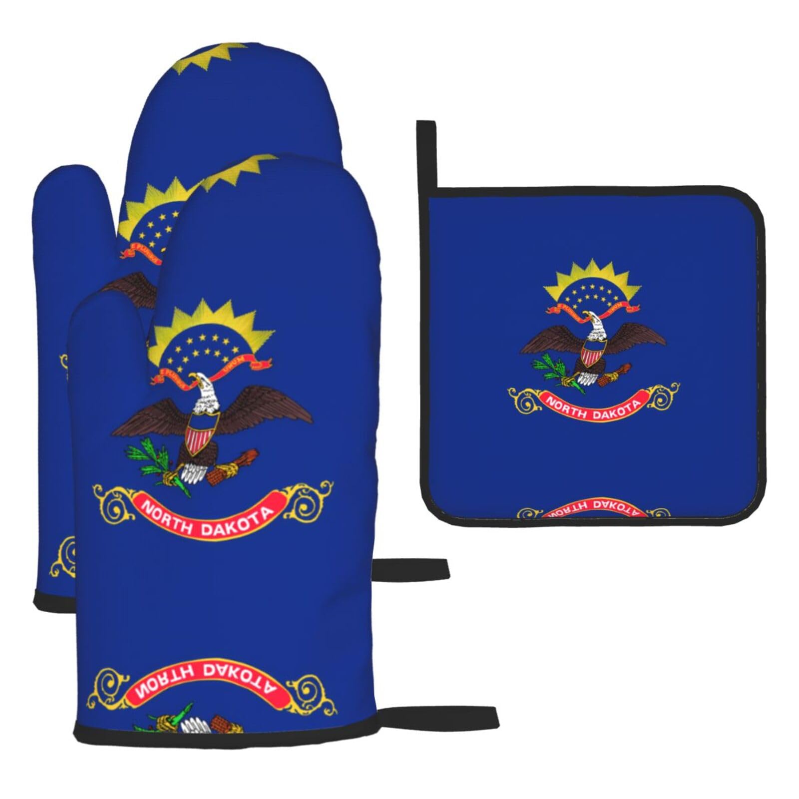 North Dakota State Flag Oven mittens and oven mitts three-piece set suitable for oven, grilling, baking, microwave and home cooking.