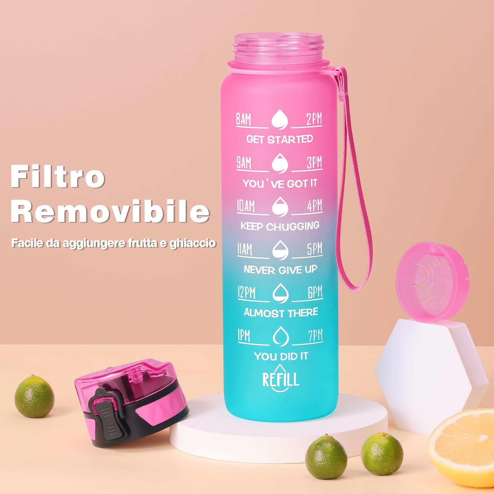 Borraccia Motivazionale 1L Per Bambini - Senza BPA, Con Indicatori Orari, Rosa/Blu - Foto 10