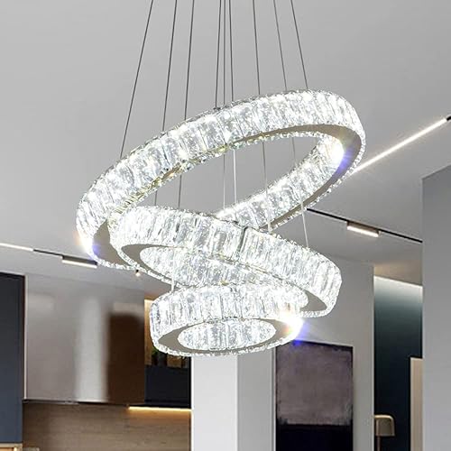 Candelabro moderno de 3 anillos de oro con lámpara colgante LED de cristal para comedor, dormitorio, sala de estar, vestíbulo (blanco frío)