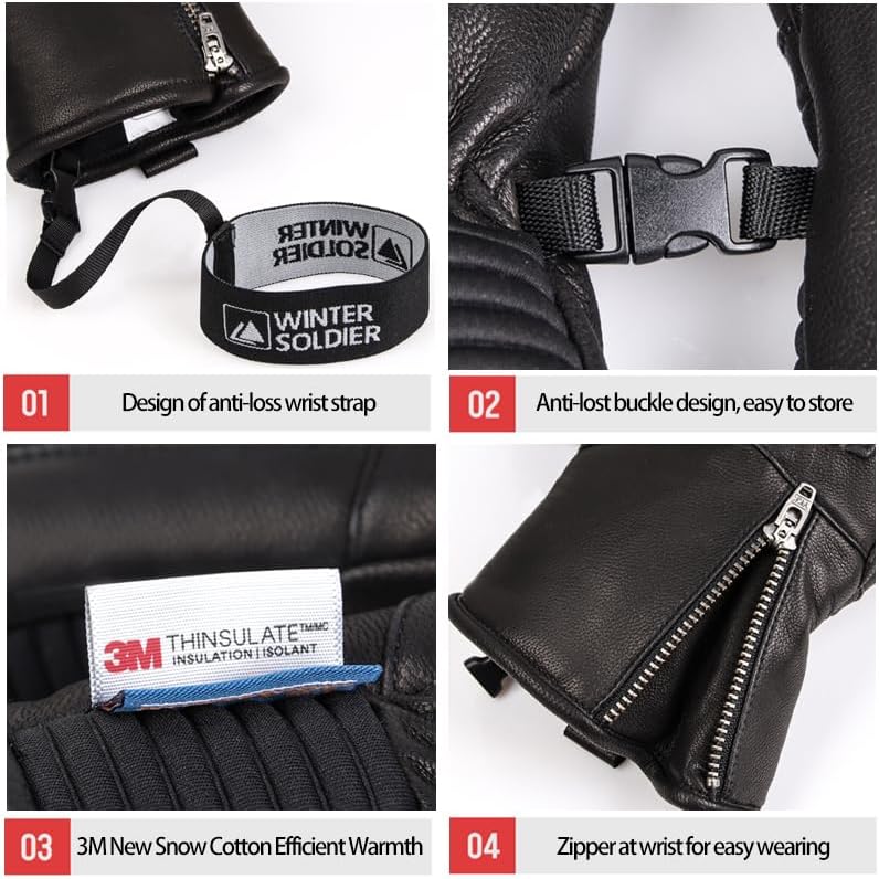 Harssidanzar Men Women Winter three Fingers Ski Mittens Goatskin Thermal Waterproof Snowboarding Gloves KM064US,Black,Size XL