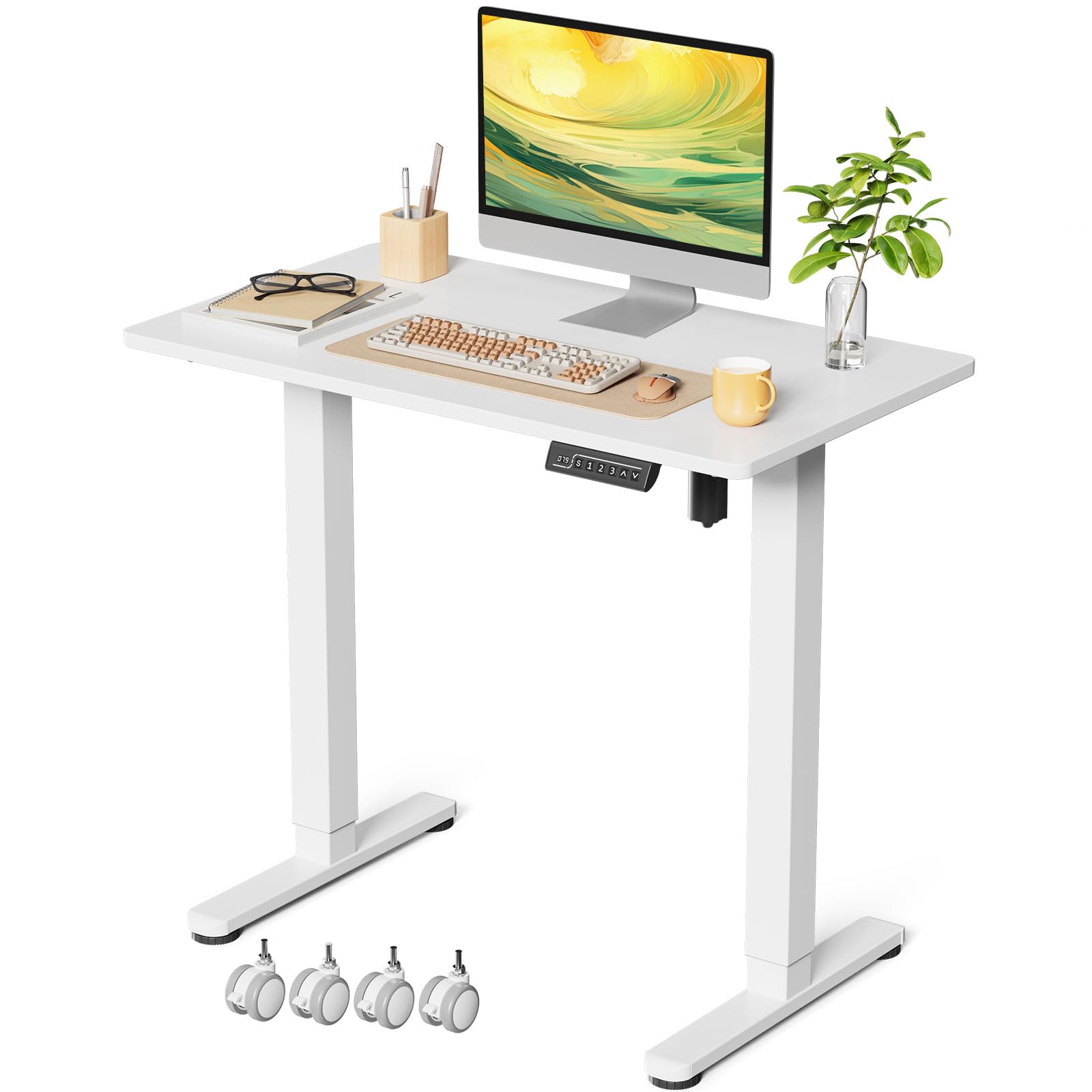 Gibbon Mounts 88x50cm Kleiner höhenverstellbarer Schreibtisch mit Rollen | Mobiler elektrischer Computertisch mit weißer einteiliger Tischplatte & 4 feststellbaren Räder, für kleine Wohnbereiche