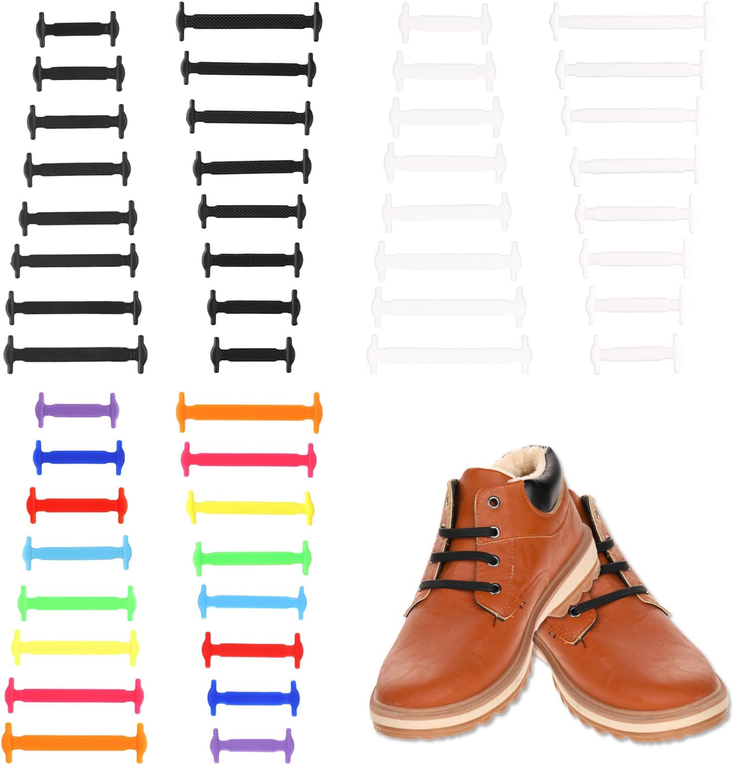 48 PCS No Tie Shoelaces for Kids Adults, Black Elastic Silicone Lazy Shoelaces