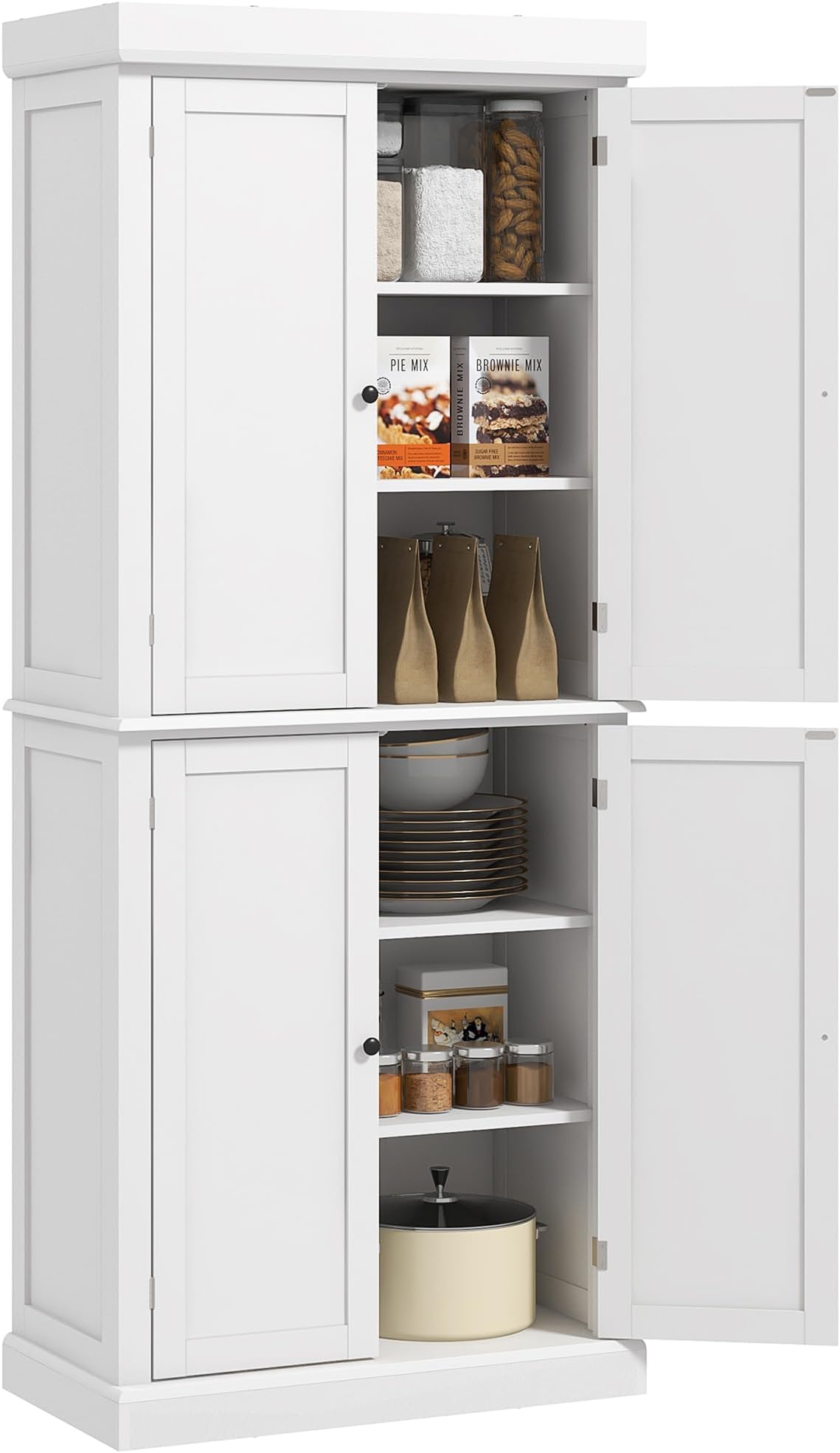 HOMCOM 184cm Freestanding Kitchen Cupboard with 4 Doors, Modern Storage Cabinet Organizer with 6-Tier Shelving and 4 Adjustable Shelves, White