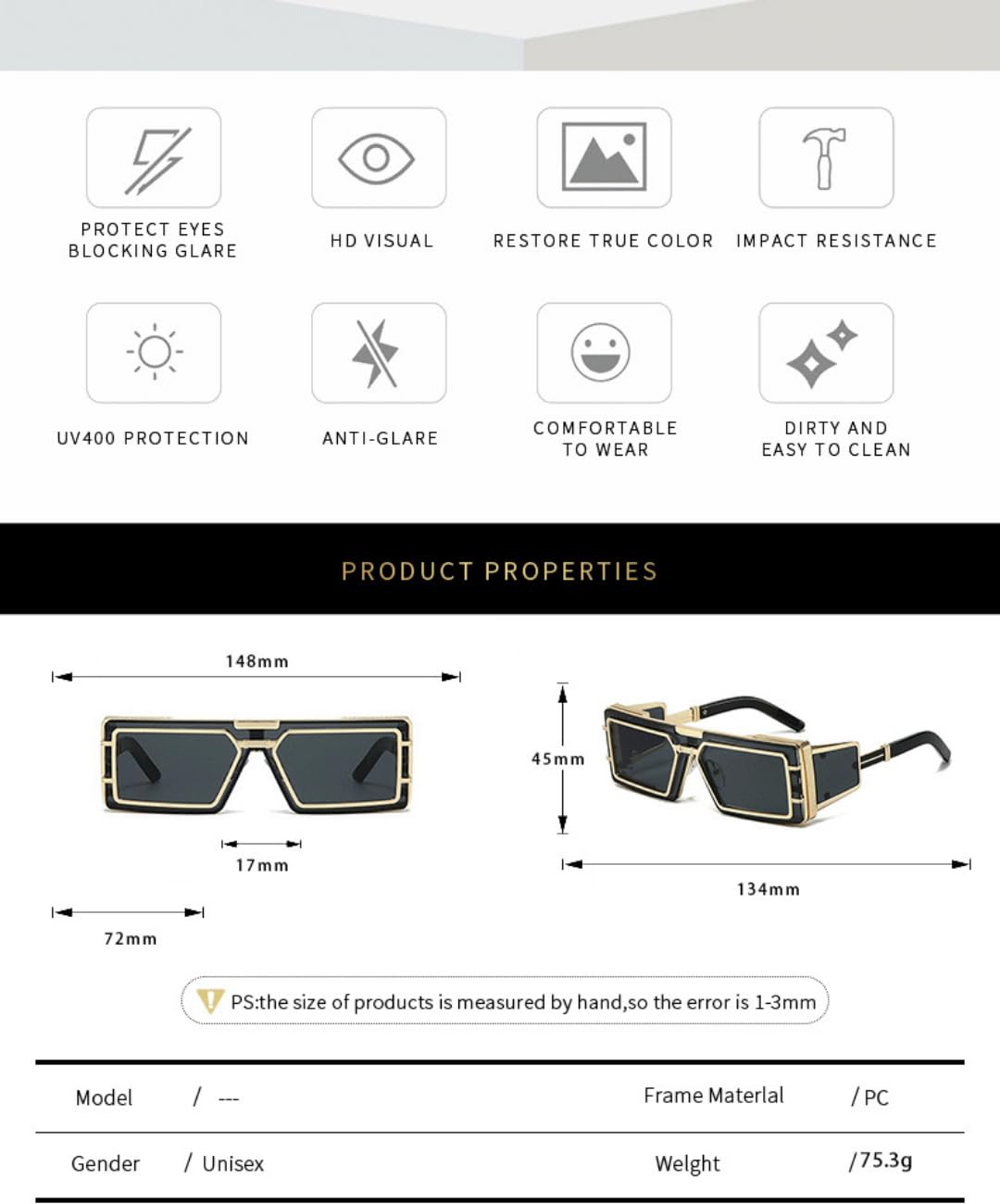 Gafas de sol cuadradas geométricas negras, marco lateral de metal dorado | Marco cuadrado grueso con ribete de metal dorado texturizado, diseño único de panel lateral y lentes oscuras protectoras