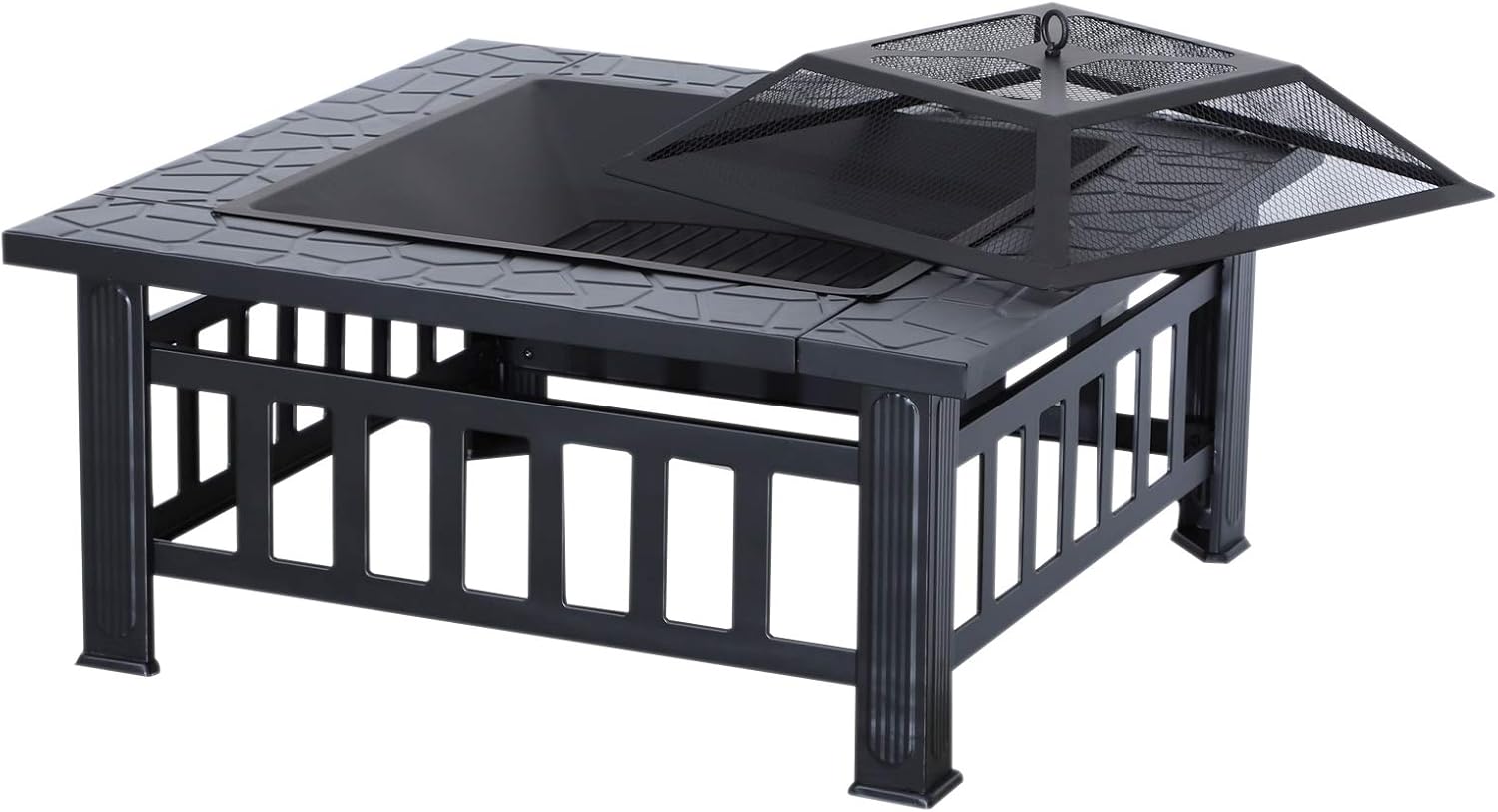 Mcombo 32" Metal Fire Pit Square Table Backyard Patio Terrace Fire Bowl Heater/BBQ/Ice Pit with Charcoal Rack Waterproof Cover 0039, Black