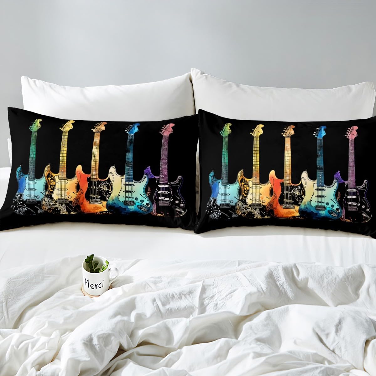 Set di biancheria da letto super king size con stampa di chitarra, set copripiumino colorato a tema musica rock, per appassionati di musica, per bambini e ragazzi, stile hip hop, a righe, con 2 federe