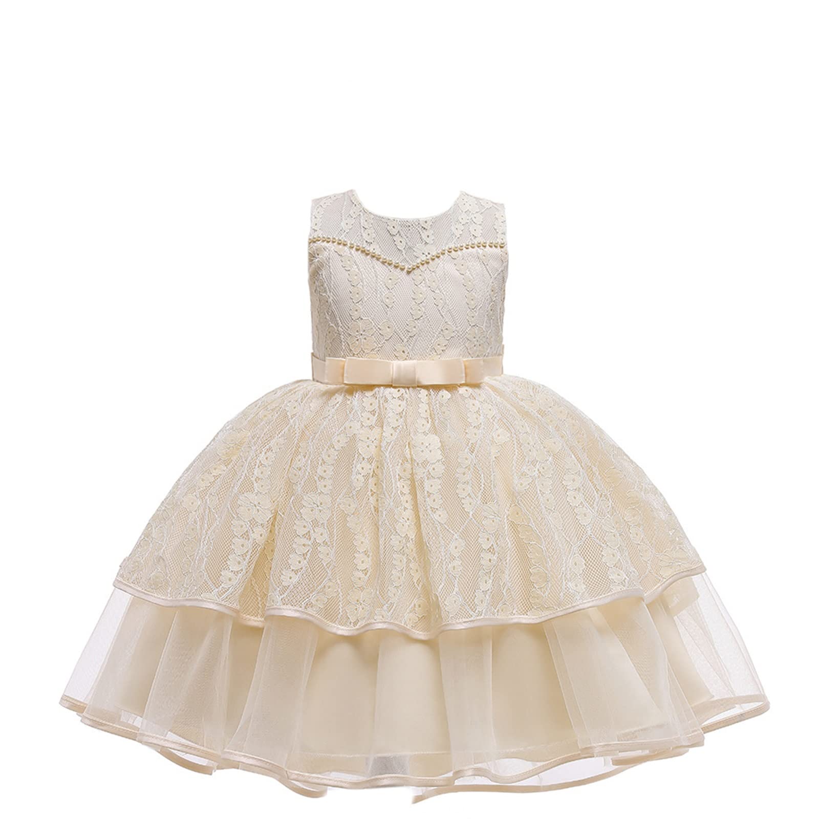 Gualiy Vestido de baile para niñas, vestido de fiesta para niñas de 4 a 10 años, vestido de tul de encaje champán con cuentas y lazo en la cintura sin mangas