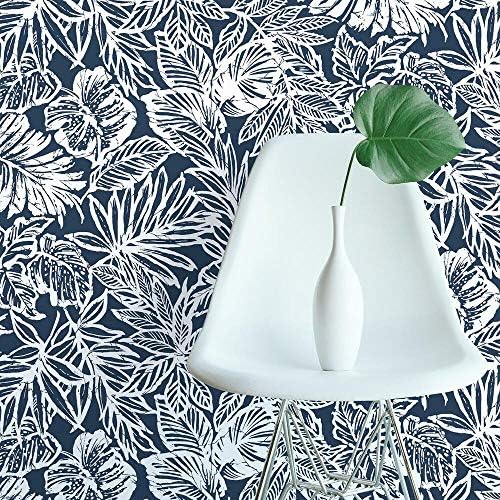 RoomMates RMK11437WP Blue Batik Tropical Leaf Peel and Stick Wallpaper