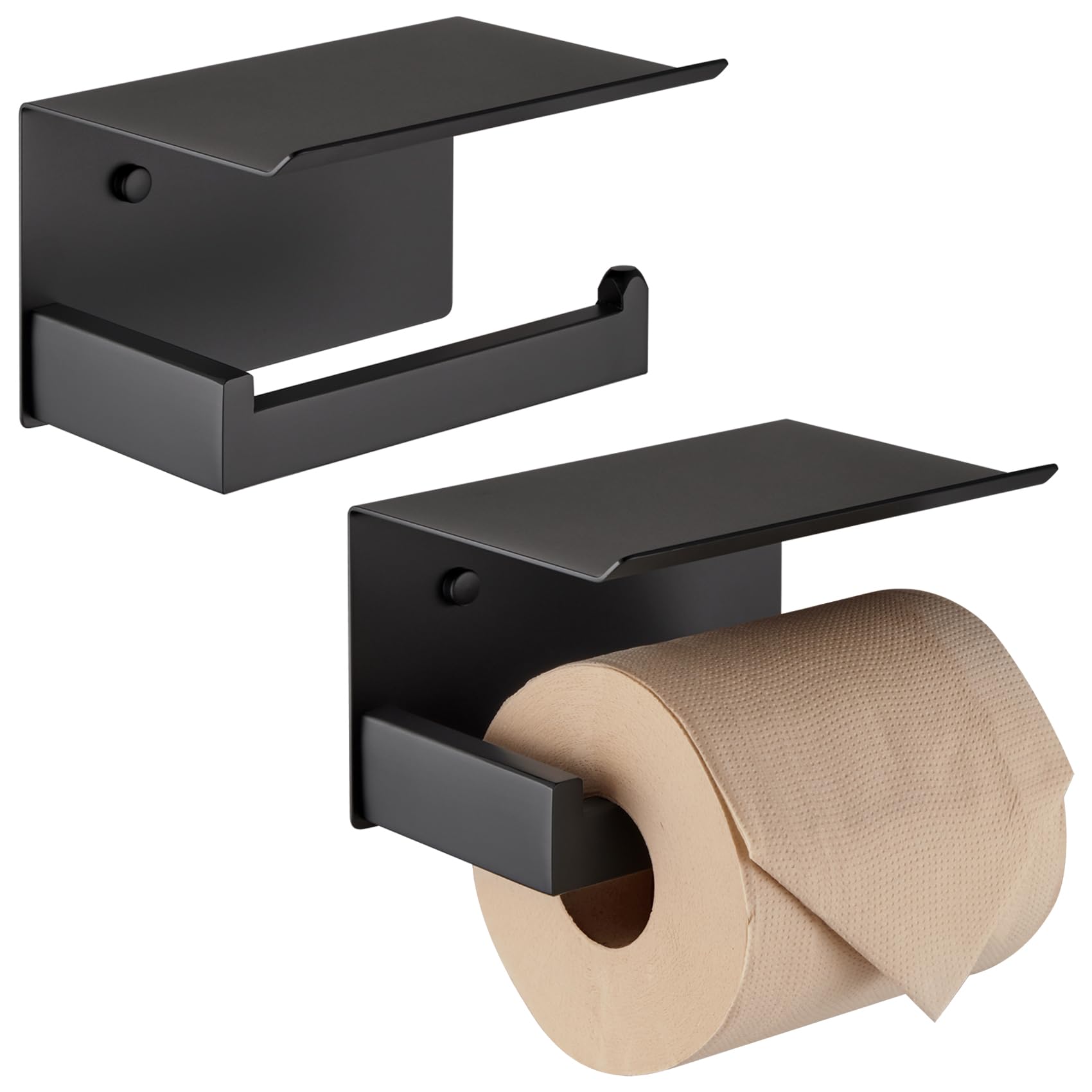KOKOSIRI Black Toilet Paper Holders with Shelf Bathroom Toilet Paper Roll Holder Matte Black Stainless Steel Wall Mounted, 2 Pack, B2010BK-P2