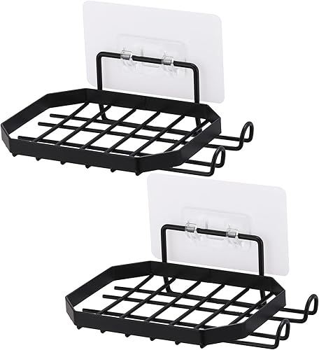 Miniatura 1 de 2 soportes de jabón para pared de ducha con 2 ganchos extraíbles de acero inoxidable para jabón de baño, sin taladrar (negro)