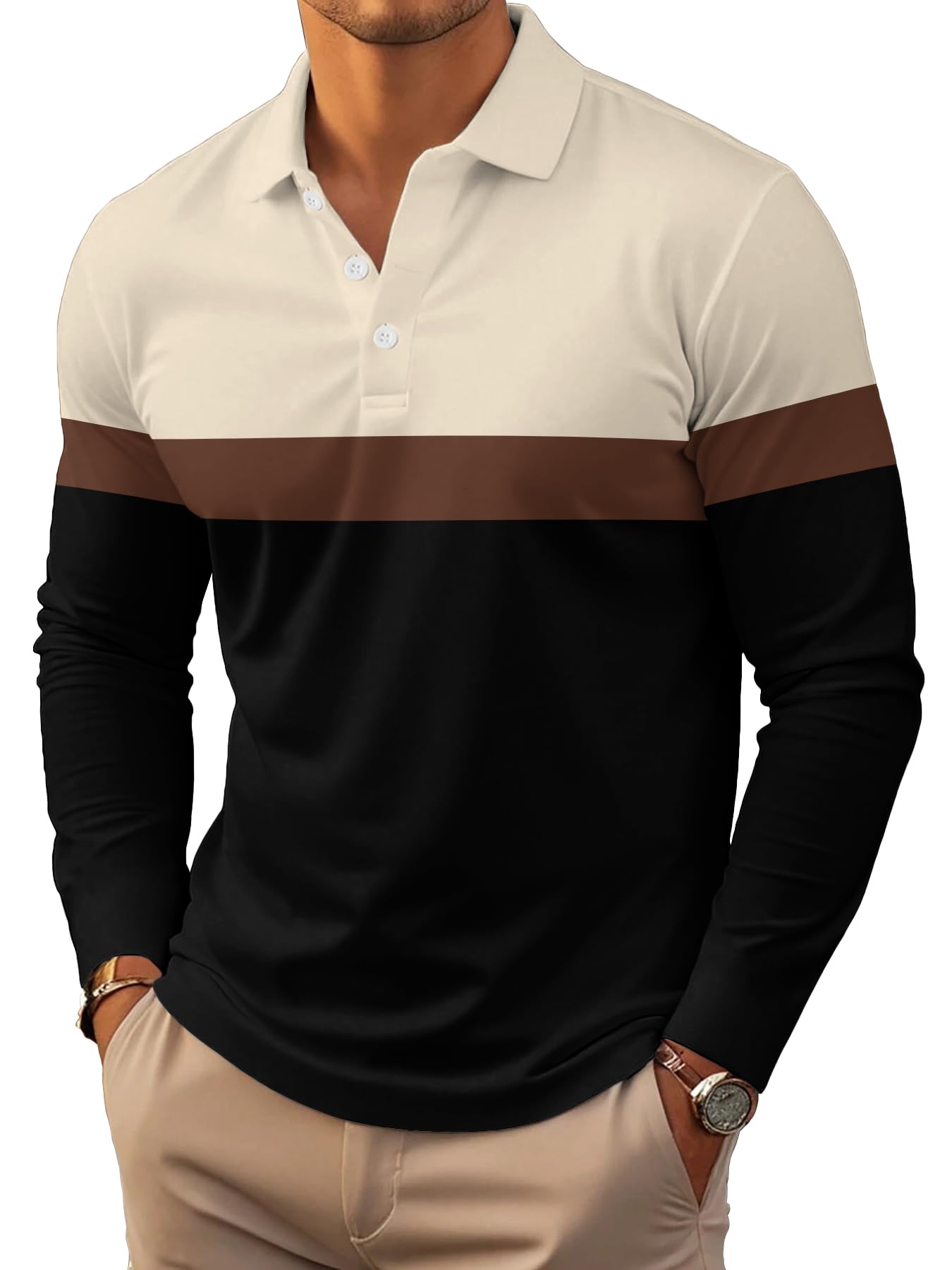 Mens Fashion Long Sleeve Polo Shirts Casual Golf Shirts Color Block Cotton Top