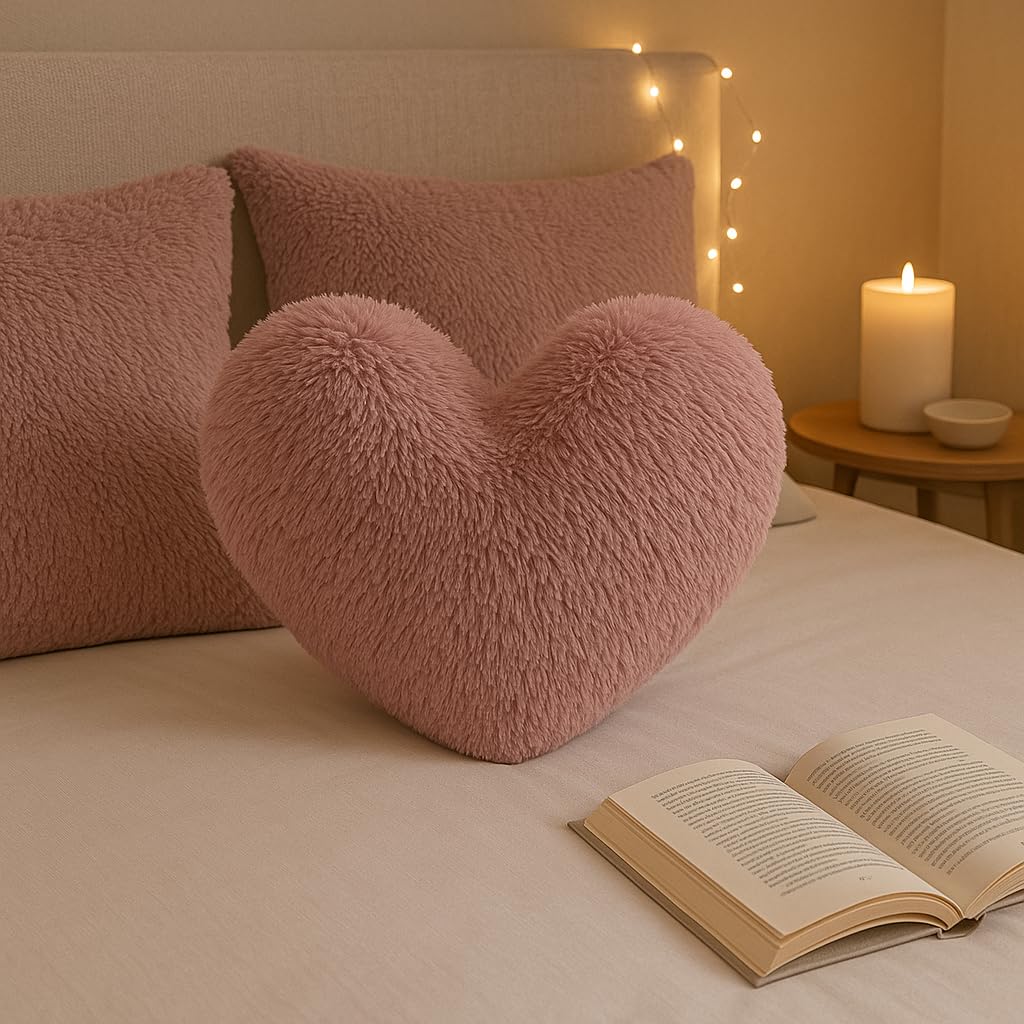 Bella Nights Blush Pink Teddy Cuddles 3D Heart Shaped Fleece Cushion – Soft Warm & Cozy Filled Pillow – 100% Polyester Teddy Bear Fleece – Comfortable Home Decor Cushion – 38 X 38Cm (Blush Pink)