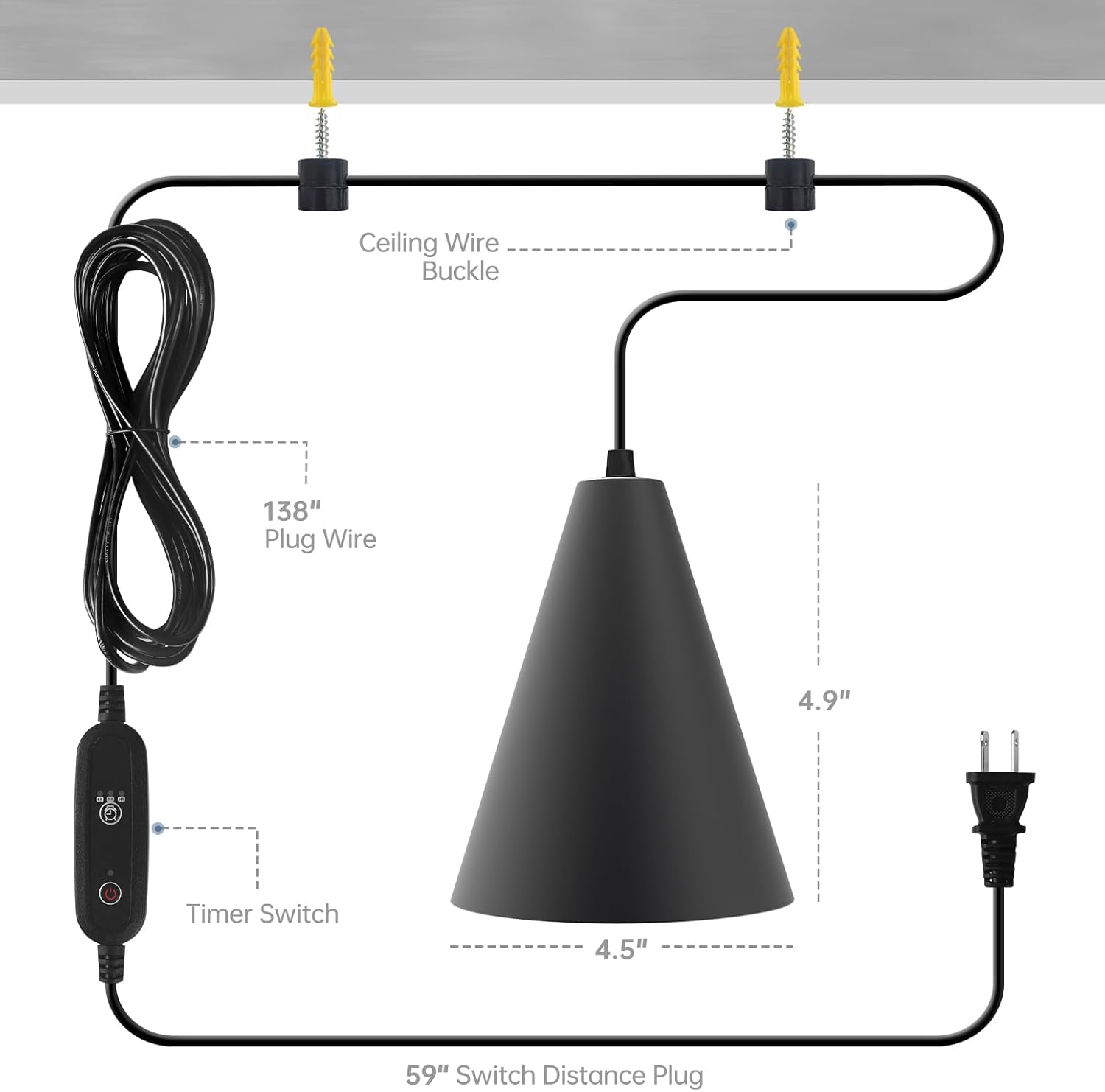 Diagram showing the installation of the Bstrip Hanging Grow Light with ceiling clips and power cord.