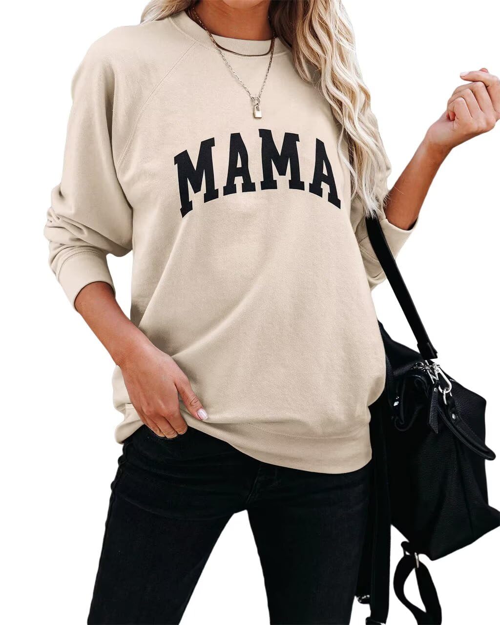 DressmineWomen’s Casual Long Sleeve Mama Sweatshirts Knit Loose Graphic Crewneck Pullover Mom Shirt Tops