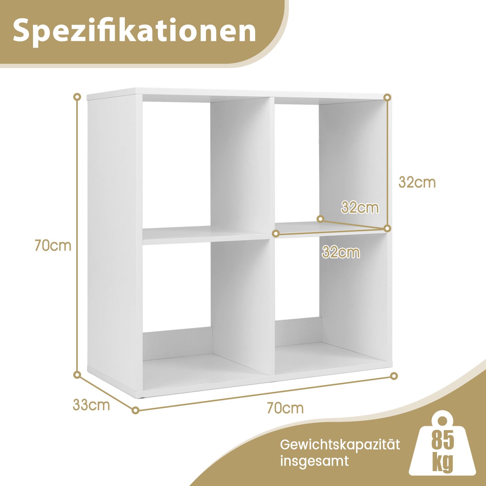 COSTWAY Bücherregal mit 4 Fächern, Würfelregal, Standregal, offenes Regal, Aufbewahrungsregal für Wohnzimmer, Arbeitszimmer, Büro, modern, Weiß